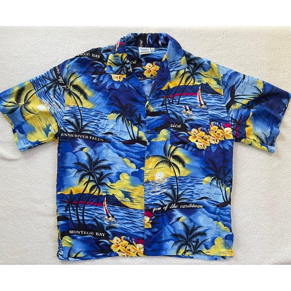 90s Y2k Vintage Jammin Shirts Mens Large Hawaiian Blue Jamaica Montego Bay Rayon